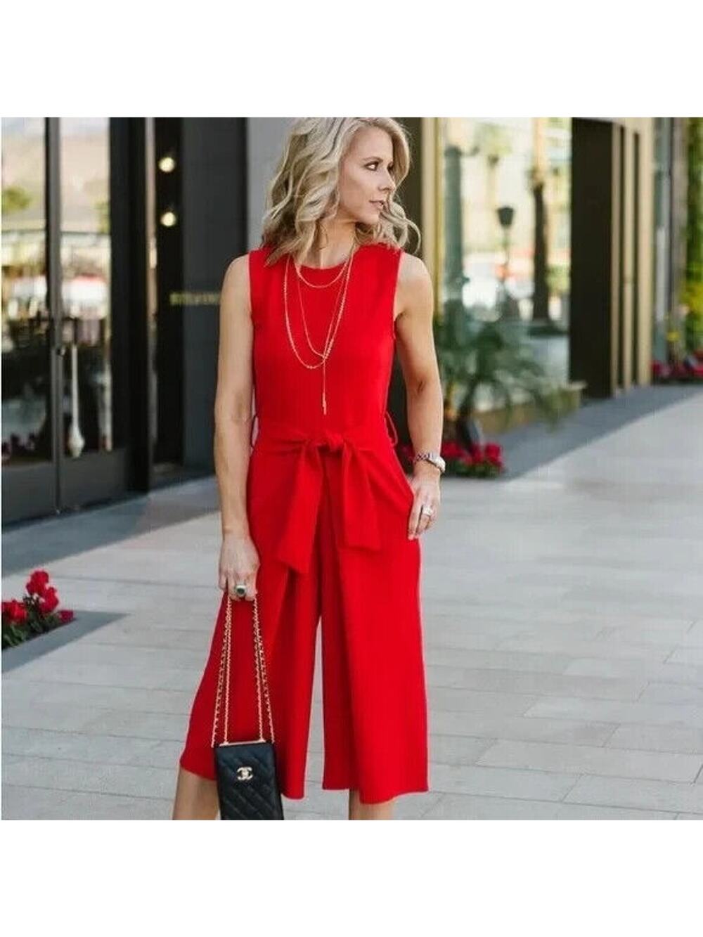 Bishop & Young Red Rachel Cropped Belted Tie Waist Wide Leg Jumpsuit, Small NWT